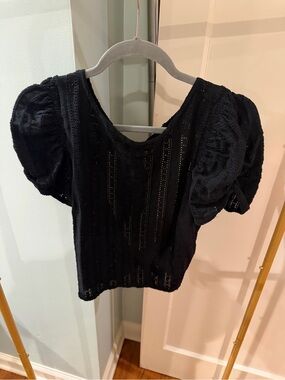Free People Black Puff-Sleeve Eyelet Top
